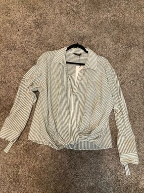 Zara black and White Striped Twist-Front Button-Down Shirt